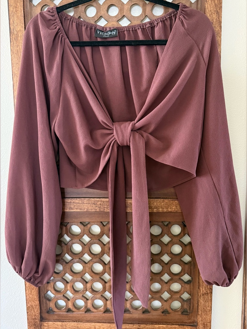VICI Collection Dusty Brown Tie Front Crop Blouse Balloon Sleeve Top Size Large
